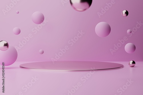 Elegant pink background with pedestal and balls. 3d illustration.