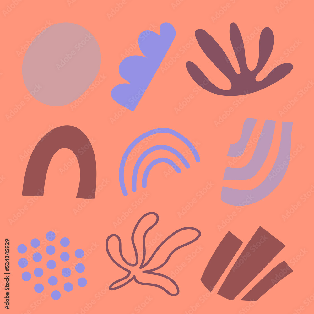 Fototapeta premium Set of universal icons in boho style for design and printing in pastel colors. Simple vector icons: dots, lines, arcs, spots, etc.