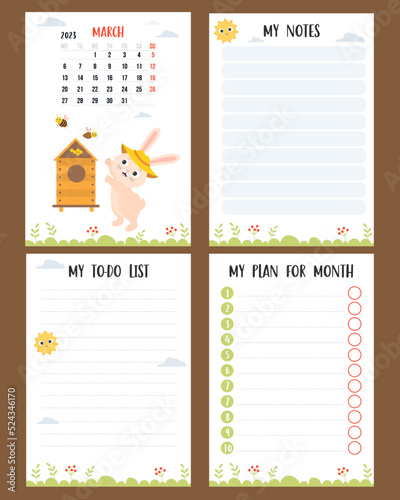 March 2023. Calendar with cute bunny beekeeper in apiary with bees. Vector set vertical page a4 templates planner, to-do list, my plan and notes. Week from Monday, in English. Chinese year of rabbit.