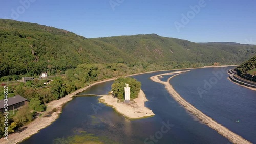 Drone movie of the Bingen mouse tower in the Rhine at low water photo
