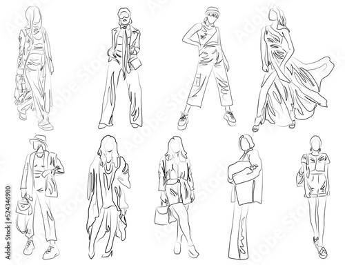 Line art fashion illustrations of models