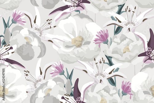 Vector floral seamless pattern. White and violet flowers on a milky background.