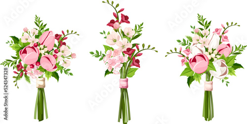 Bouquets of pink and white tulip flowers, freesia flowers, and cherry blossom...