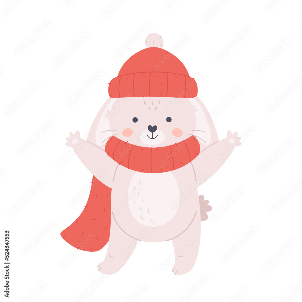 Cute white bunny in scarf and hat. Hello winter, wintertime. Year of the Rabbit. Happy holidays. Hand drawn vector illustration Cute white bunny in scarf and hat. Hello winter, wintertime. Year of the Rabbit. Happy holidays. Hand drawn vector illustration