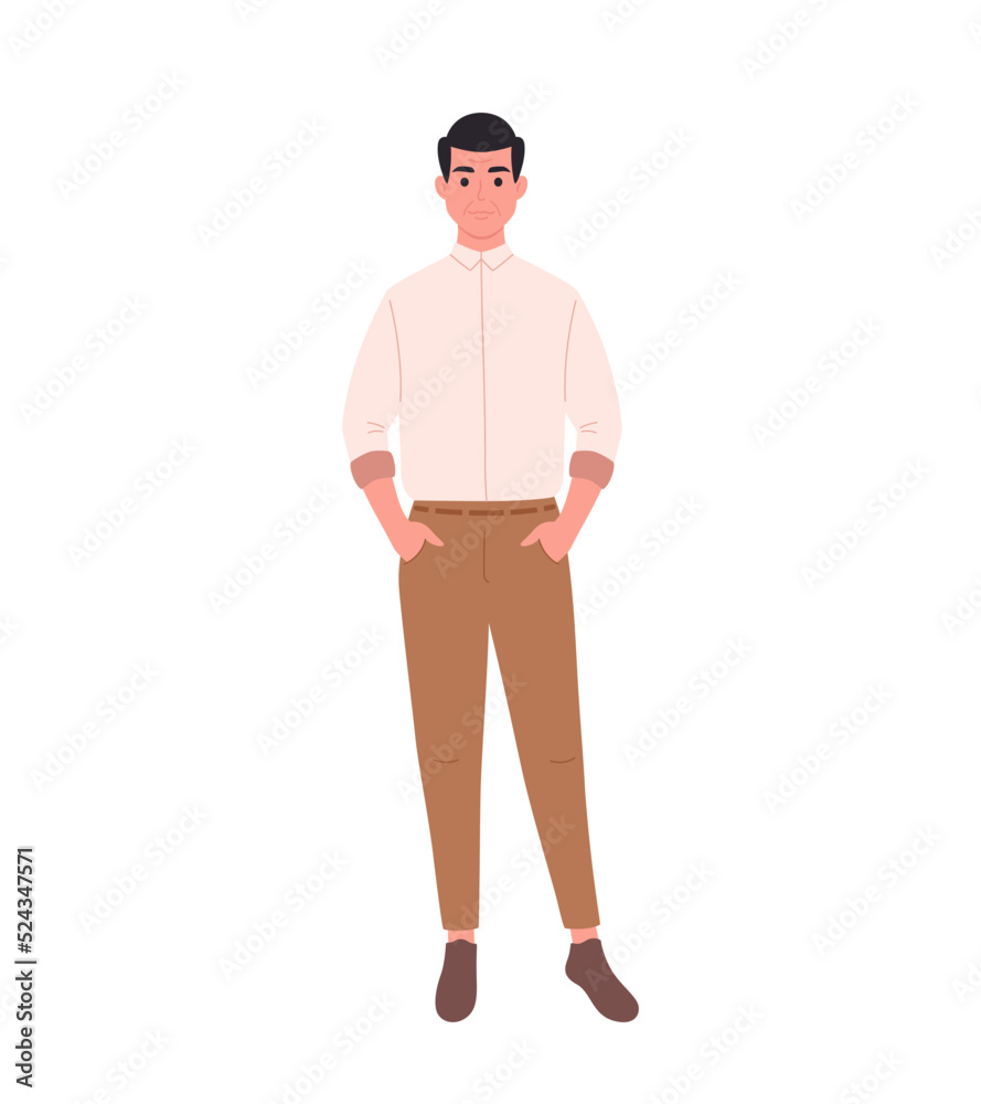 Modern adult man in casual or office outfit. Stylish fashionable look. Office worker or teacher. Hand drawn vector illustration