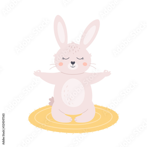 Cute white bunny meditating in lotus pose. Animal yoga, relaxation, meditation. World yoga day. Hand drawn vector illustration