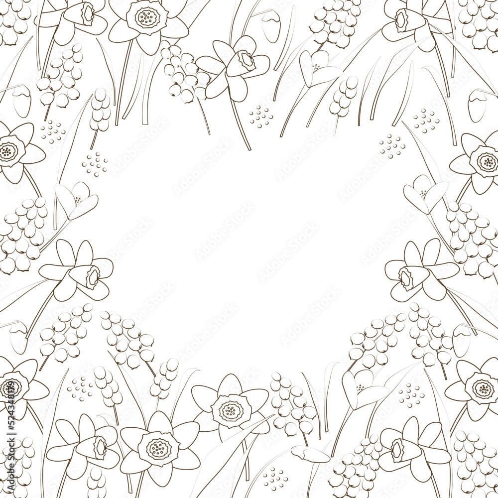 frame of narcissus flowers, muscari and greenery in the shape of a heart frame of narcissus flowers, muscari and greenery in the shape of a heart
