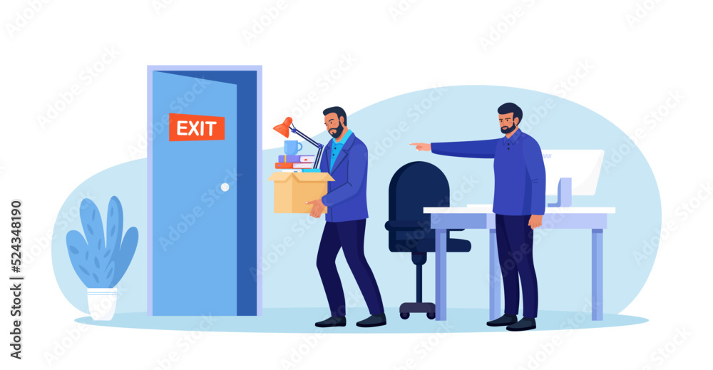 Bankrupt boss dismisses employee. Fired sad person leaves the office with stuff in box in his hands. Financial crisis and unemployment. Dismissal and jobless, layoff. Job loss due to crisis Bankrupt boss dismisses employee. Fired sad person leaves the office with stuff in box in his hands. Financial crisis and unemployment. Dismissal and jobless, layoff. Job loss due to crisis
