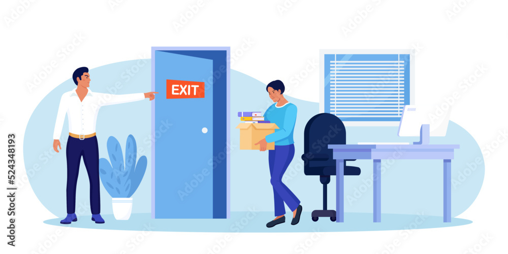 Bankrupt boss dismisses employee. Fired sad woman leaves the office with stuff in box in his hands. Financial crisis and unemployment. Dismissal and jobless, layoff. Job loss due to crisis Bankrupt boss dismisses employee. Fired sad woman leaves the office with stuff in box in his hands. Financial crisis and unemployment. Dismissal and jobless, layoff. Job loss due to crisis