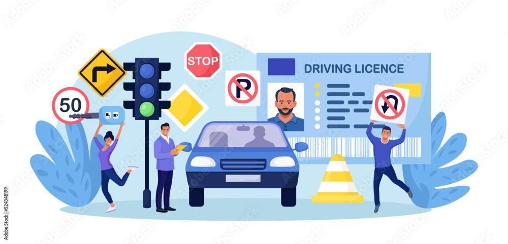 Driving school. Begginer driver learning parking on driving examination. Instructor checking student knowledge of traffic law road rule. Study of road signs, receiving driver’s license.Training course Driving school. Begginer driver learning parking on driving examination. Instructor checking student knowledge of traffic law road rule. Study of road signs, receiving driver’s license.Training course