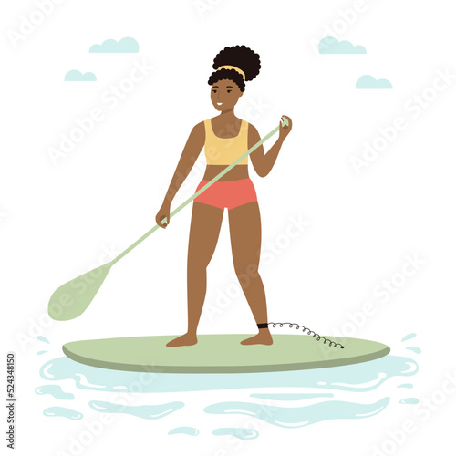 African woman stand up on paddle board. Young girl surfing. Flat cartoon female character. Fitness on water. Summer outdoor activity. Beach vacation. Vector illustration.