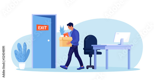 Dismissal, employee replacement. Unhappy man dismissed from job, leave office with stuff in box. Unemployed jobless benefit. Unemployment dismissal of workers. Layoff, crisis, employee job reduction