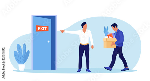 Bankrupt boss dismisses employee. Fired sad person leaves the office with stuff in box in his hands. Financial crisis and unemployment. Dismissal and jobless, layoff. Job loss due to crisis