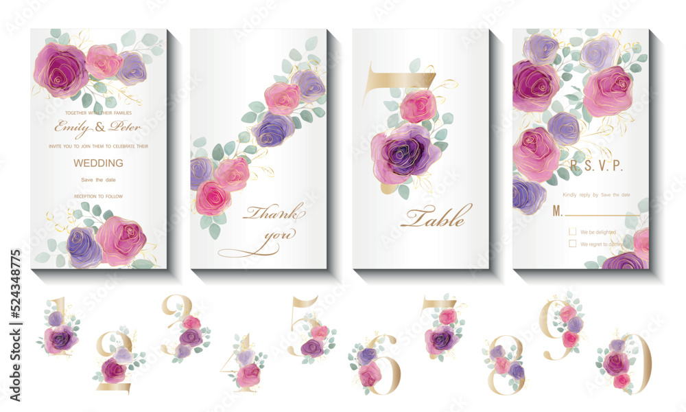 Modern creative design, background marble texture. Wedding invitation. Flowers are drawn with alcohol ink. Set digits with a botanical bouquet. Vector illustration.