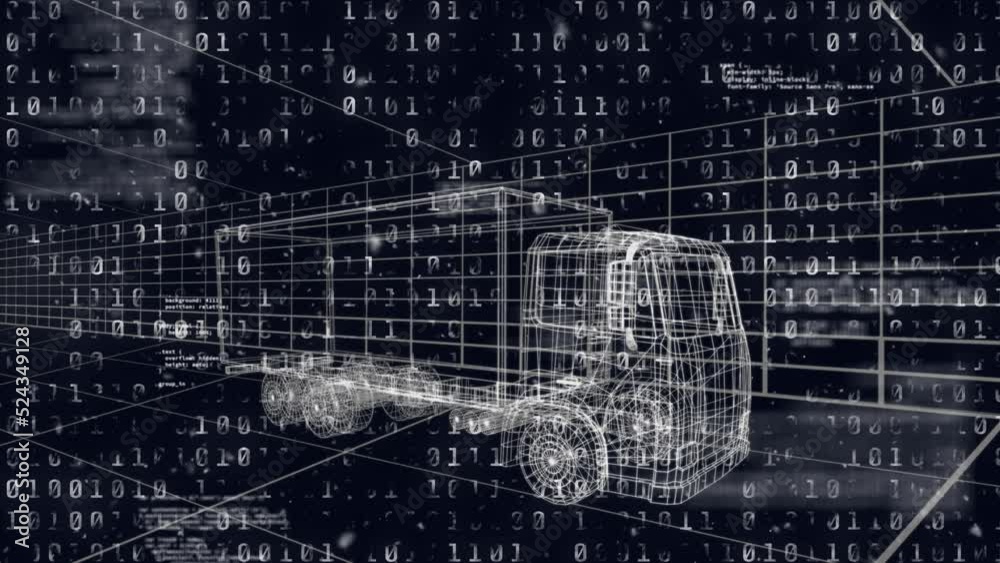 Animation of binary coding data processing over 3d drawing of lorry