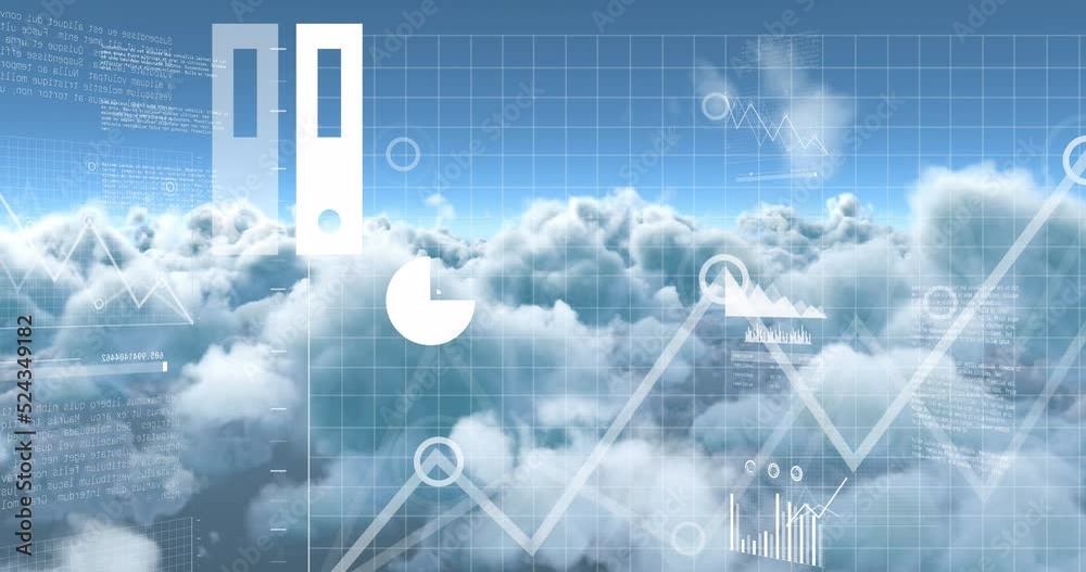 Animation of cloud symbol, charts and data processing over blue cloudy sky Animation of cloud symbol, charts and data processing over blue cloudy sky
