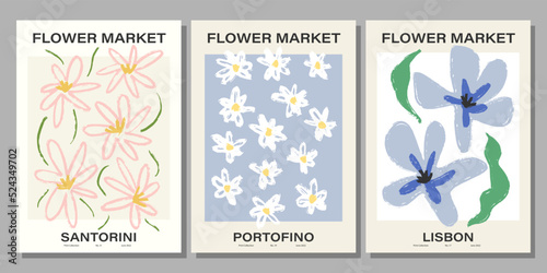 Flower market poster set. Abstract floral illustration. Botanical wall art collection, vintage poster aesthetic. Vector illustration	