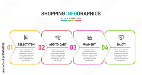 Concept of shopping process with 4 successive steps. Four colorful graphic elements. Timeline design for brochure, presentation, web site. Infographic design layout.