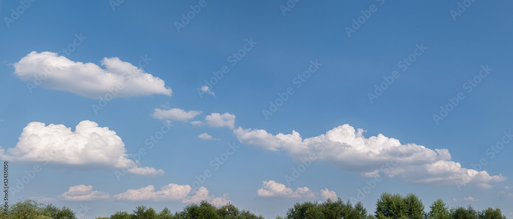 Pojedyncze chmury w krajobrazie wiejskim pośrodku samotnego pola, pora letnia Opolszczyzna, błękitne barwy - obrazy, fototapety, plakaty 