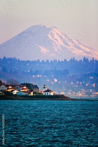 Alki Point Lighthouse in Seattle Washington with Mount Rainier