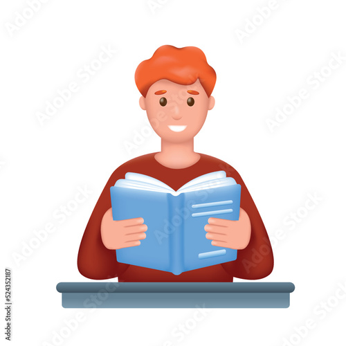 Smiling Young man, student or freelancer with open book. 3d male character reading, studying or preparing for examination. Realistic cartoon vector illustration.