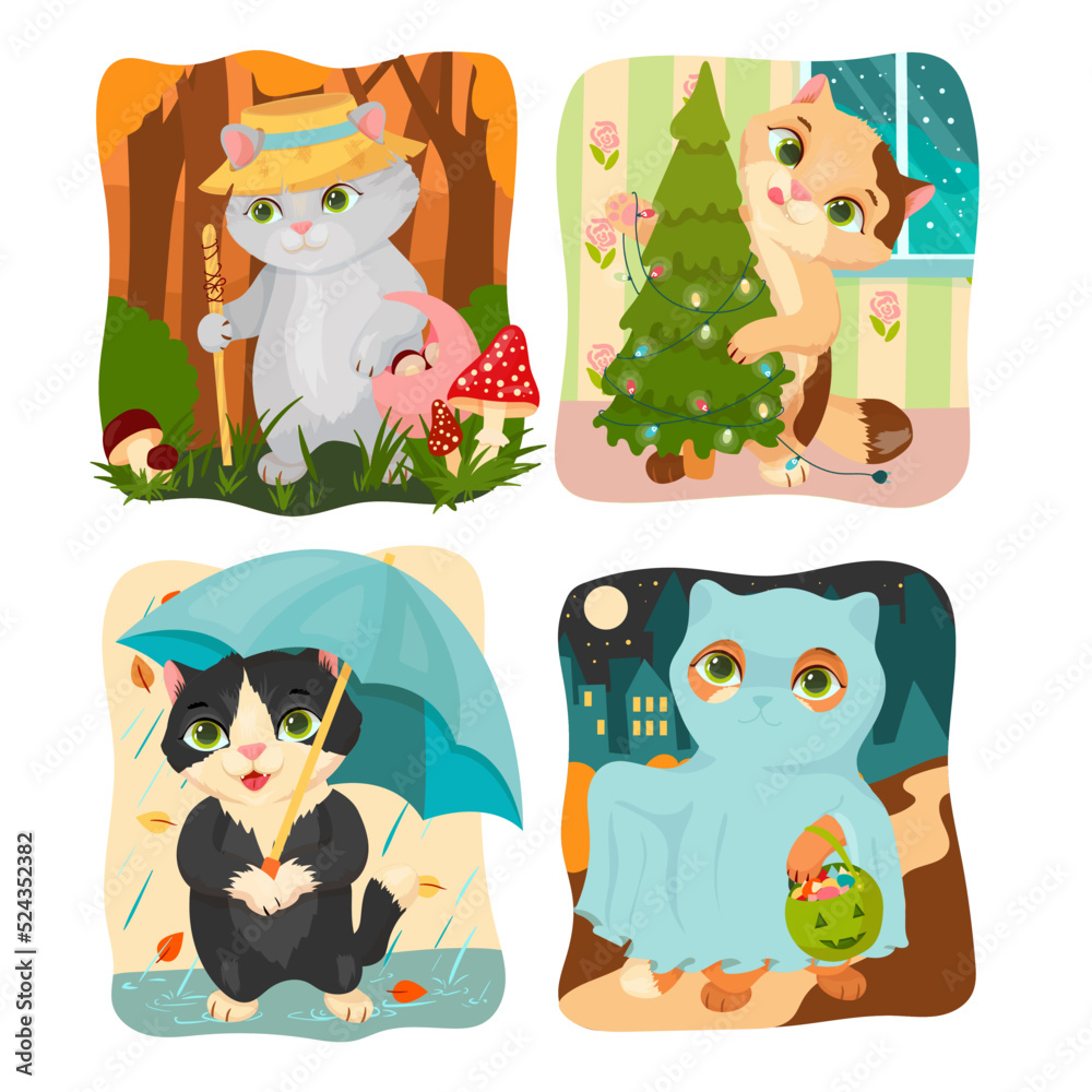 Set of cute cats. Animals are resting, doing sports or hobbies. Pet. Kitten. Vector illustration.