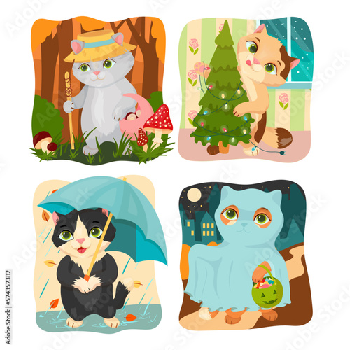 Set of cute cats. Animals are resting  doing sports or hobbies. Pet. Kitten. Vector illustration.