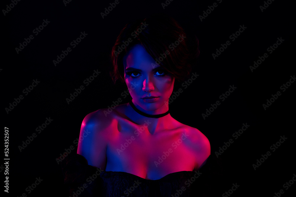 Photo of elegant mystical vamp lady looking scary on history masquerade isolated over black dark color background Photo of elegant mystical vamp lady looking scary on history masquerade isolated over black dark color background