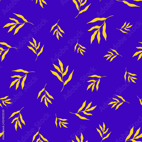 Vector illustration of bright yellow leaves of tropical plants forming seamless pattern on purple background