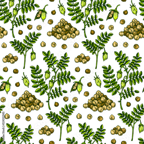 Hand drawn chickpeas seamless pattern. Vector illustration in colored sketch style