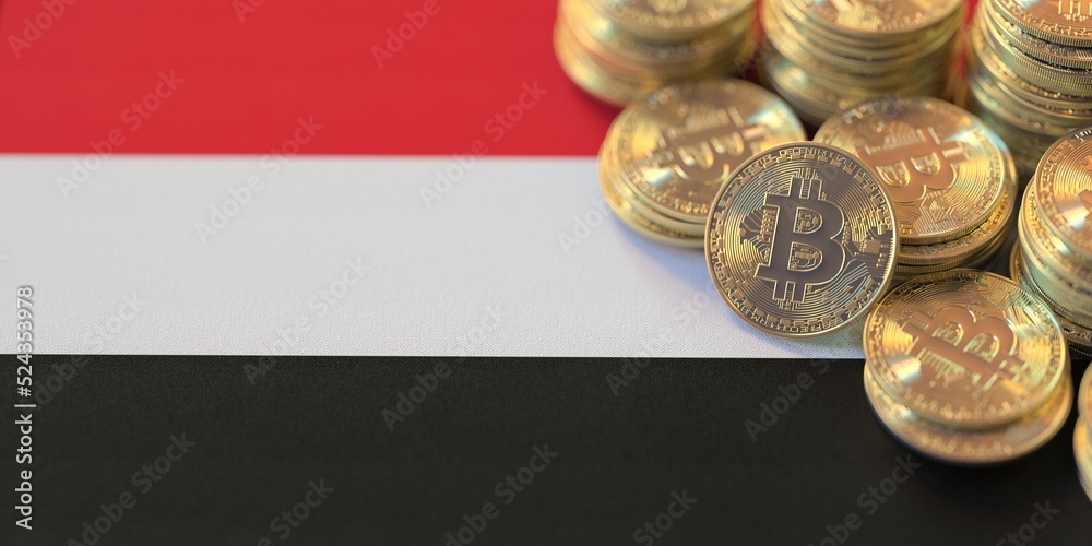 Pile of bitcoins and flag of Yemen. National cryptocurrency regulations conceptual 3d rendering