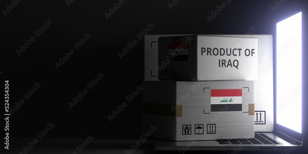 Cartons with PRODUCT OF IRAQ text and flag on the laptop, black background. 3D rendering Cartons with PRODUCT OF IRAQ text and flag on the laptop, black background. 3D rendering