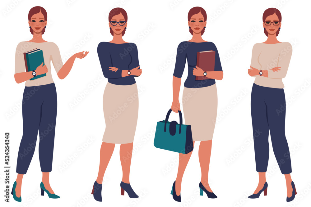 Obraz premium Collection of beautiful young women. Female flat character in different poses. Businesswoman, office worker, School or college teacher. Education, study, business concept. Vector cartoon illustration