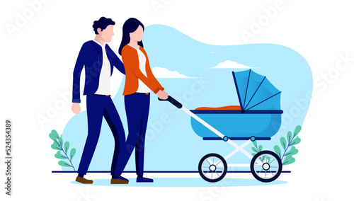 Couple with baby pram - Man and woman walking with little boy stroller outdoors. Flat design vector illustration with white background