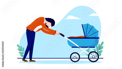 Tired mother wit baby stroller - Woman walking child pram with head hanging down feeling sad and exhausted. Flat design vector illustration with white background photo