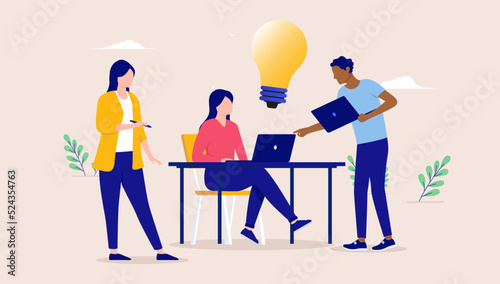 Team problem solving - People working together trying to solve problem with computer and idea. Flat design vector illustration