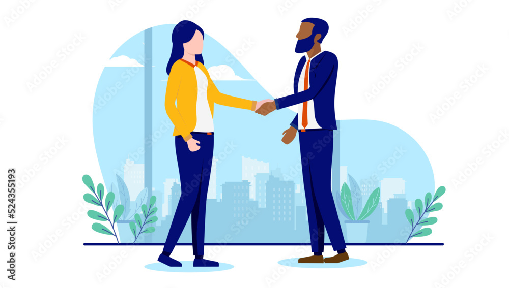 Diversity handshake Caucasian woman and black man shaking hands in