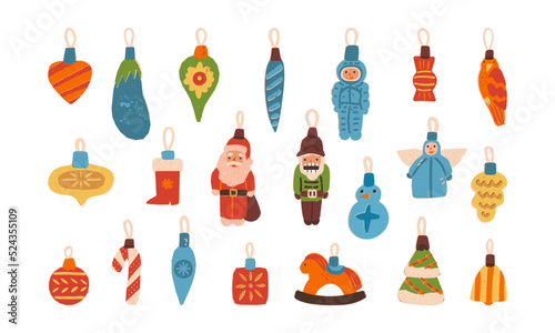 Retro baubles, vintage Christmas tree decoration set. Santa Claus, snowman, nutcracker, parrot, Dala horse, candy cane