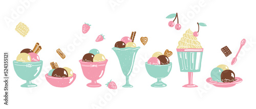 The set of ice cream in bowl sketch vector illustrations. Isolated elements.