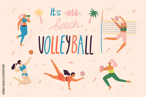 Beach volleyball players in dynamic poses in different roles. Volleyball banner concept for professional or amateur school. Vector illustration of summer hawaiian banner