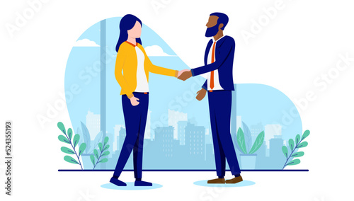 Diversity handshake - Caucasian woman and black man shaking hands in business deal. Flat design vector illustration with white background