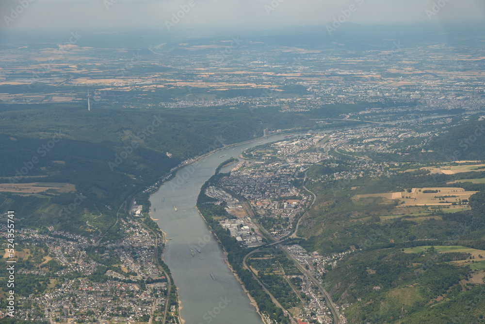 Rhine river in the Koblenz area in Germany from above