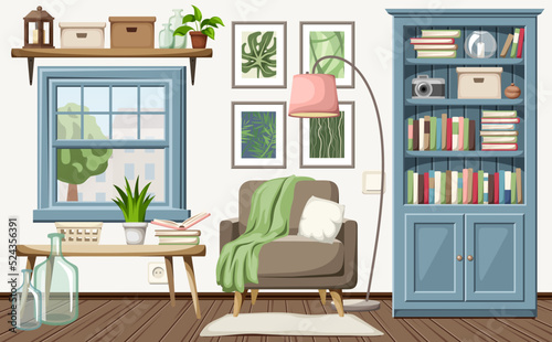 Cozy living room interior with an armchair, a bookcase, and a blue window. Cartoon vector illustration
