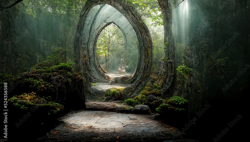 Fantasy magic portal. Portal in the elven forest to another world. Digital art. Illustration. Painting. Hyper-realistic. 3D illustration - obrazy, fototapety, plakaty 