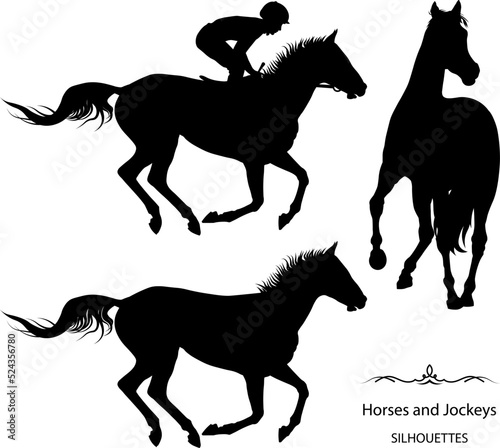 thoroughbred racehorse with jockey, black vector silhouette on white background