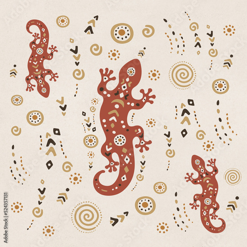 Hand drawn pattern of a lizards and ethnic elements on a light background. Magic illustration pattern.
