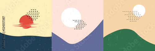 Vector illustration. Mid century modern graphic. 60s, 70s retro funky graphic. Grunge texture. Minimalist landscape set. Abstract shapes. Design elements for social media, blog post, banner, card