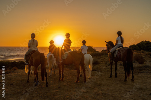 6 students of a riding school riding their horses watching the sunset near the sea.