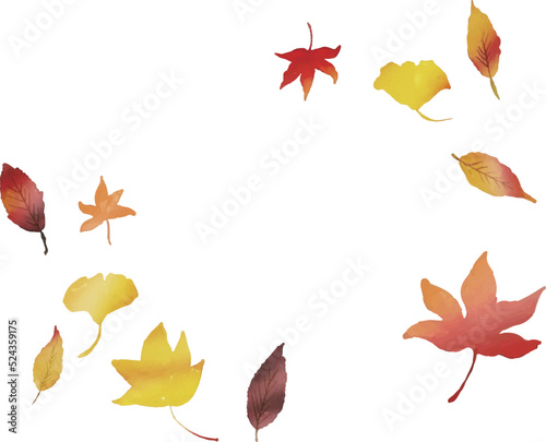 水彩画。水彩タッチの秋の木の実と葉っぱのベクターフレームイラスト。Watercolor. Vector frame illustration of autumn berries and leaves with watercolor touch.