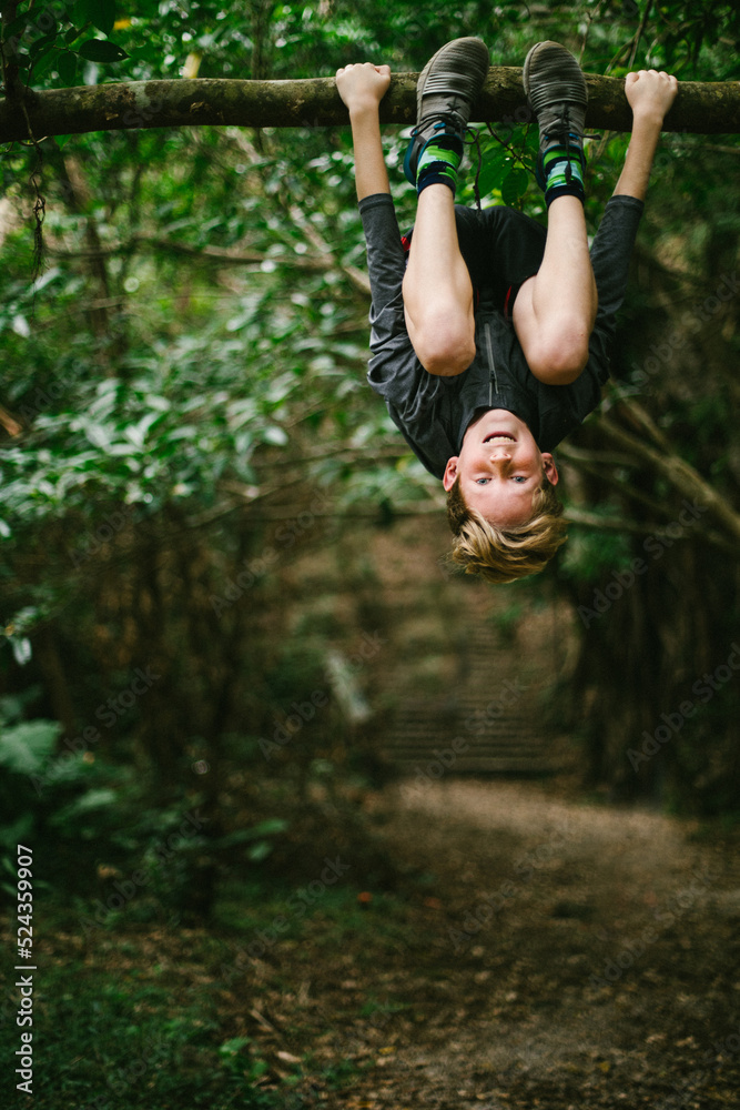 Pre teen child boy climbs tree in forest on nature adventure Pre teen child boy climbs tree in forest on nature adventure